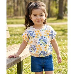 Babyhug Single Jersey Knit Half Sleeves Top & Denim Shorts Set With Floral Print - White & Blue