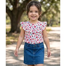 Babyhug Single Jersey Knit Frill Sleeves Top & Denim Skirt Set With Floral Print - White & Blue