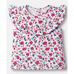 Babyhug Single Jersey Knit Frill Sleeves Top & Denim Skirt Set With Floral Print - White & Blue