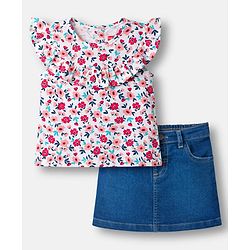 Babyhug Single Jersey Knit Frill Sleeves Top & Denim Skirt Set With Floral Print - White & Blue