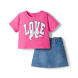 Babyhug Single Jersey Knit Half Sleeves Top & Denim Skirt Set With Love Print - Pink & Blue