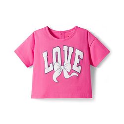 Babyhug Single Jersey Knit Half Sleeves Top & Denim Skirt Set With Love Print - Pink & Blue