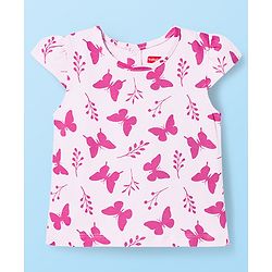 Babyhug Single Jersey Knit Half Cap Sleeves Dungaree & T-Shirt with Butterfly Print - Pink & Blue