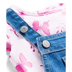Babyhug Single Jersey Knit Half Cap Sleeves Dungaree & T-Shirt with Butterfly Print - Pink & Blue