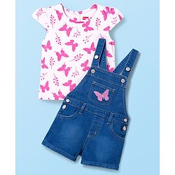 Babyhug Single Jersey Knit Half Cap Sleeves Dungaree & T-Shirt with Butterfly Print - Pink & Blue