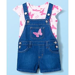 Babyhug Single Jersey Knit Half Cap Sleeves Dungaree & T-Shirt with Butterfly Print - Pink & Blue