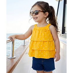 Babyhug Single Jersey Knit Sleeveless Top & Denim Shorts Set With Polka Dot Print & Bow Applique - Yellow