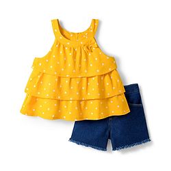 Babyhug Single Jersey Knit Sleeveless Top & Denim Shorts Set With Polka Dot Print & Bow Applique - Yellow