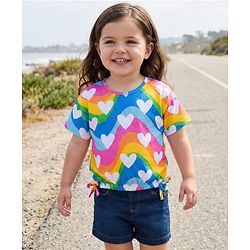 Babyhug Single Jersey Knit Half Sleeves Top & Denim Shorts Set With Heart Print - Blue
