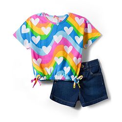 Babyhug Single Jersey Knit Half Sleeves Top & Denim Shorts Set With Heart Print - Blue