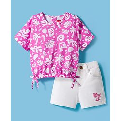 Babyhug Single Jersey Knit Half Sleeves Top & Shorts Set With Tropical Print - Pink & White