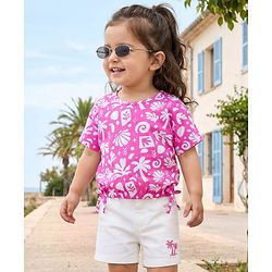 Babyhug Single Jersey Knit Half Sleeves Top & Shorts Set With Tropical Print - Pink & White