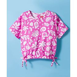 Babyhug Single Jersey Knit Half Sleeves Top & Shorts Set With Tropical Print - Pink & White