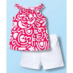 Babyhug Single Jersey Knit Sleeveless Printed Top & Denim Shorts Set - Dark Pink & White