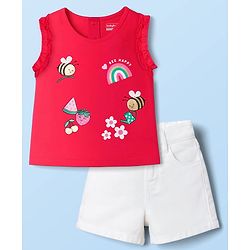 Babyhug Single Jersey Knit Sleeveless Top & Shorts Set with Tropical Theme Print - Red & White
