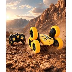 Babyhug Double Flip Sixer Stunt Car with Lights - Yellow| 360° Rotating Flip Action|6-Wheel High-Speed Off-Road Drift Car|2.4 GHz Long Range Remote Control| Type-C Charging| Best Gift for 4+ Year Kids