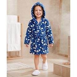 Babyhug Knit Full Sleeves Hooded Bathrobe with Rainbow Print - Navy Blue