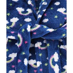 Babyhug Knit Full Sleeves Hooded Bathrobe with Rainbow Print - Navy Blue