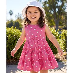 Babyhug Cotton Woven Sleeveless Frock With Heart Print & Bow Applique - Pink