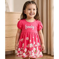 Babyhug Single Jersey Knit Half Sleeves Frock With Floral Print - Dark Pink