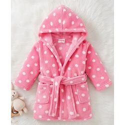 Babyhug Knit Full Sleeves Hooded Bathrobe with Polka Dot Print - Pink