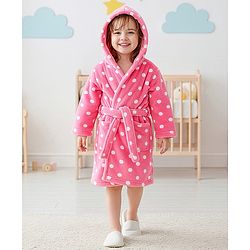 Babyhug Knit Full Sleeves Hooded Bathrobe with Polka Dot Print - Pink