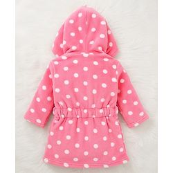 Babyhug Knit Full Sleeves Hooded Bathrobe with Polka Dot Print - Pink