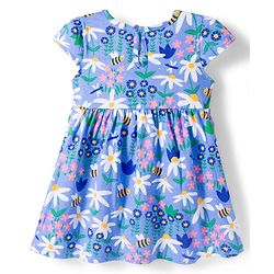 Babyhug Single Jersey Knit Cap Sleeves Frock Floral & Bees Print Pack of 2 -  Blue & Pink