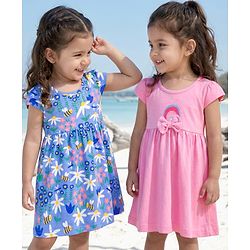 Babyhug Single Jersey Knit Cap Sleeves Frock Floral & Bees Print Pack of 2 -  Blue & Pink