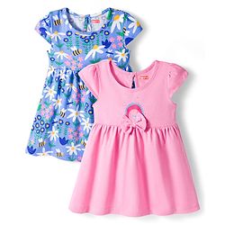 Babyhug Single Jersey Knit Cap Sleeves Frock Floral & Bees Print Pack of 2 -  Blue & Pink