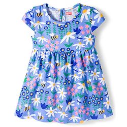 Babyhug Single Jersey Knit Cap Sleeves Frock Floral & Bees Print Pack of 2 -  Blue & Pink