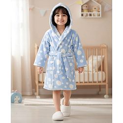 Babyhug Knit Full Sleeves Hooded Bathrobe with Polka Dot Print - Light Blue