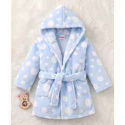 Babyhug Knit Full Sleeves Hooded Bathrobe with Polka Dot Print - Light Blue
