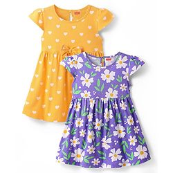 Babyhug Single Jersey Knit Cap Sleeves Heart & Floral Printed Frocks With Bow Applique Pack of 2 - Multicolor