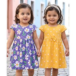 Babyhug Single Jersey Knit Cap Sleeves Heart & Floral Printed Frocks With Bow Applique Pack of 2 - Multicolor