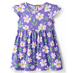 Babyhug Single Jersey Knit Cap Sleeves Heart & Floral Printed Frocks With Bow Applique Pack of 2 - Multicolor