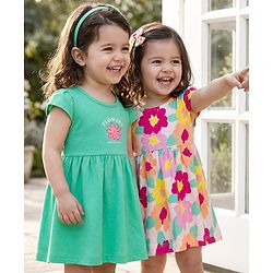 Babyhug Single Jersey Knit Cap Sleeves Frock With Floral Print Pack Of 2 - Light Green & White