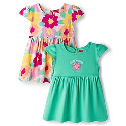 Babyhug Single Jersey Knit Cap Sleeves Frock With Floral Print Pack Of 2 - Light Green & White