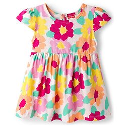 Babyhug Single Jersey Knit Cap Sleeves Frock With Floral Print Pack Of 2 - Light Green & White