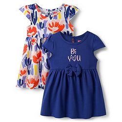 Babyhug 100% Cotton Knit Half Sleeves Floral Printed Frock With Bow Pack Of 2 - Multicolour