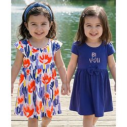 Babyhug 100% Cotton Knit Half Sleeves Floral Printed Frock With Bow Pack Of 2 - Multicolour