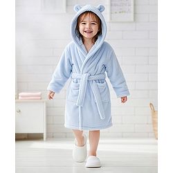 Babyhug Knit Full Sleeves Solid Color Hooded Bathrobe with Ear Applique - Light Blue
