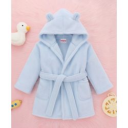 Babyhug Knit Full Sleeves Solid Color Hooded Bathrobe with Ear Applique - Light Blue