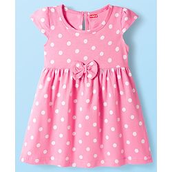 Babyhug Single Jersey Knit Cap Sleeves Frock Floral & Polka Dot Print Pack of 2 - White & Pink