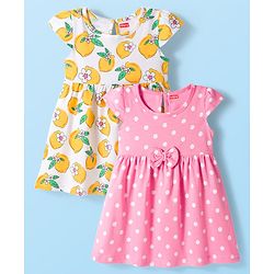 Babyhug Single Jersey Knit Cap Sleeves Frock Floral & Polka Dot Print Pack of 2 - White & Pink