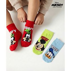 Cute Walk by Babyhug Disney  Knit Ankle Length Anti Bacterial Socks With Mickey Mouse & Friends Print Pack Of 3 - Red Light Blue & Yellow