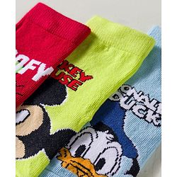 Cute Walk by Babyhug Disney  Knit Ankle Length Anti Bacterial Socks With Mickey Mouse & Friends Print Pack Of 3 - Red Light Blue & Yellow