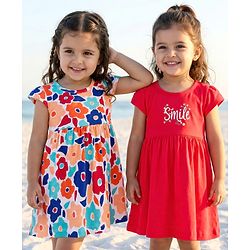 Babyhug Single Jersey Knit Cap Sleeves Frocks With Floral & Smile Print Pack of 2 - Multicolor