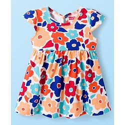 Babyhug Single Jersey Knit Cap Sleeves Frocks With Floral & Smile Print Pack of 2 - Multicolor