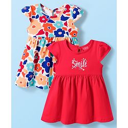 Babyhug Single Jersey Knit Cap Sleeves Frocks With Floral & Smile Print Pack of 2 - Multicolor